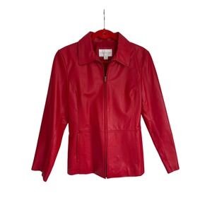 VTG Worthington Red Leather Jacket Womens Small Zip Front Collared Coat RN 93677